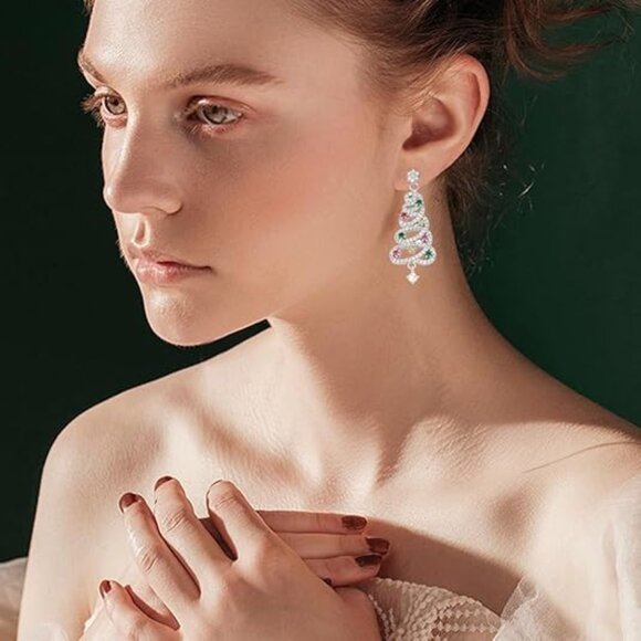 Neiman Marcus Rhinestone Light Luxury Christmas Tree Tassel Earrings - Picture 2 of 4